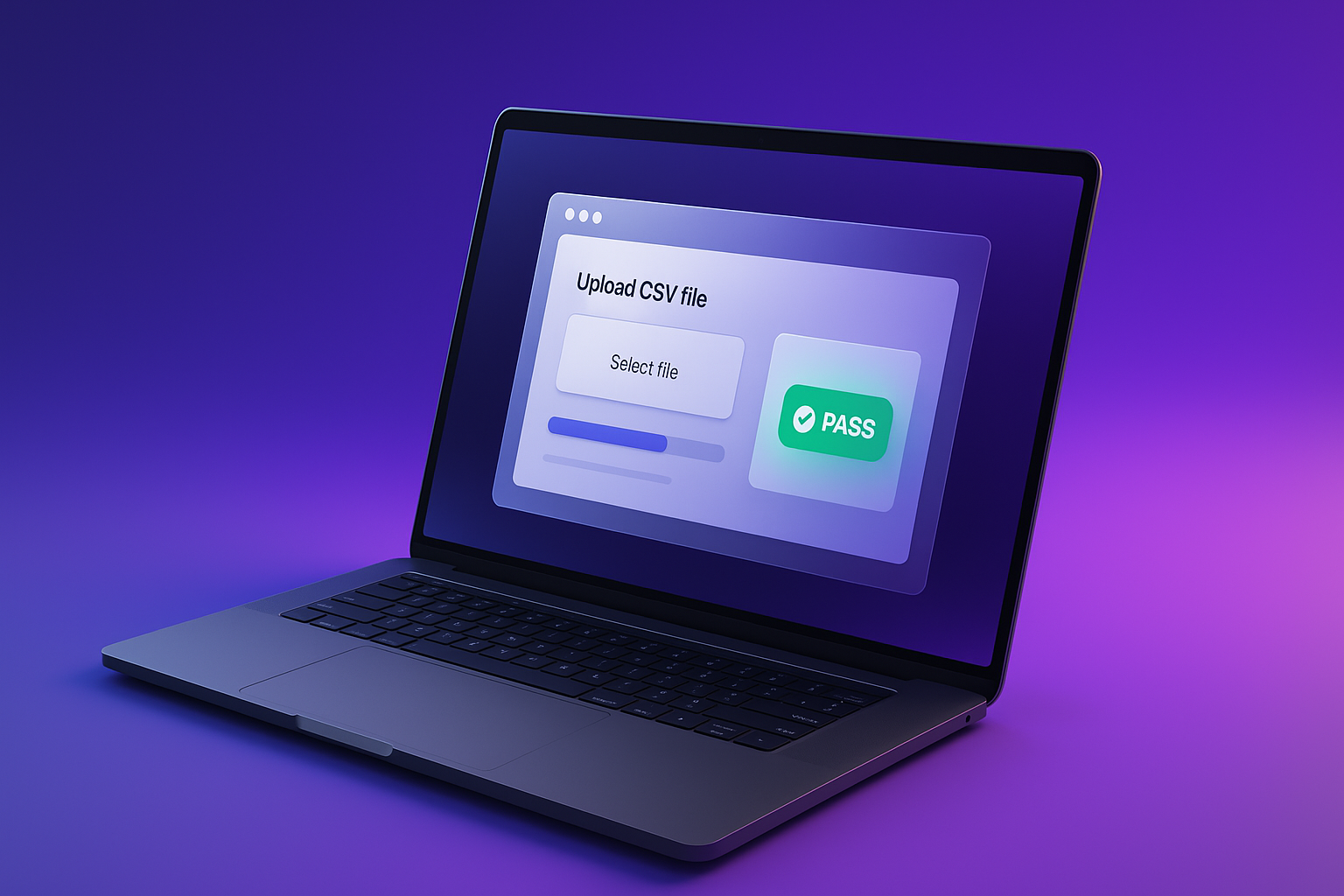 ProofKit app hero visual: CSV upload and PASS result